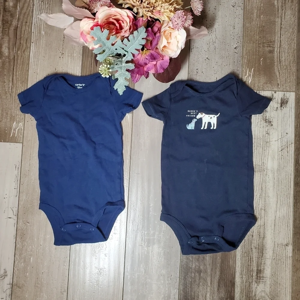 Carter's Baby Boy Size 12m Blue Onesie Bodysuit Bundle NWOT 2 Piece